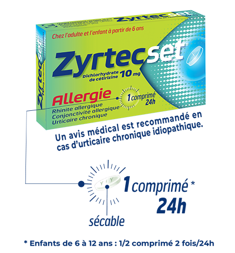 boite du médicament anti-allergique Zyrtecset adulte enfant à partir de 6 ans